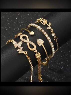 Gold Multi-Chain Bracelet Set with Crystals and Charms